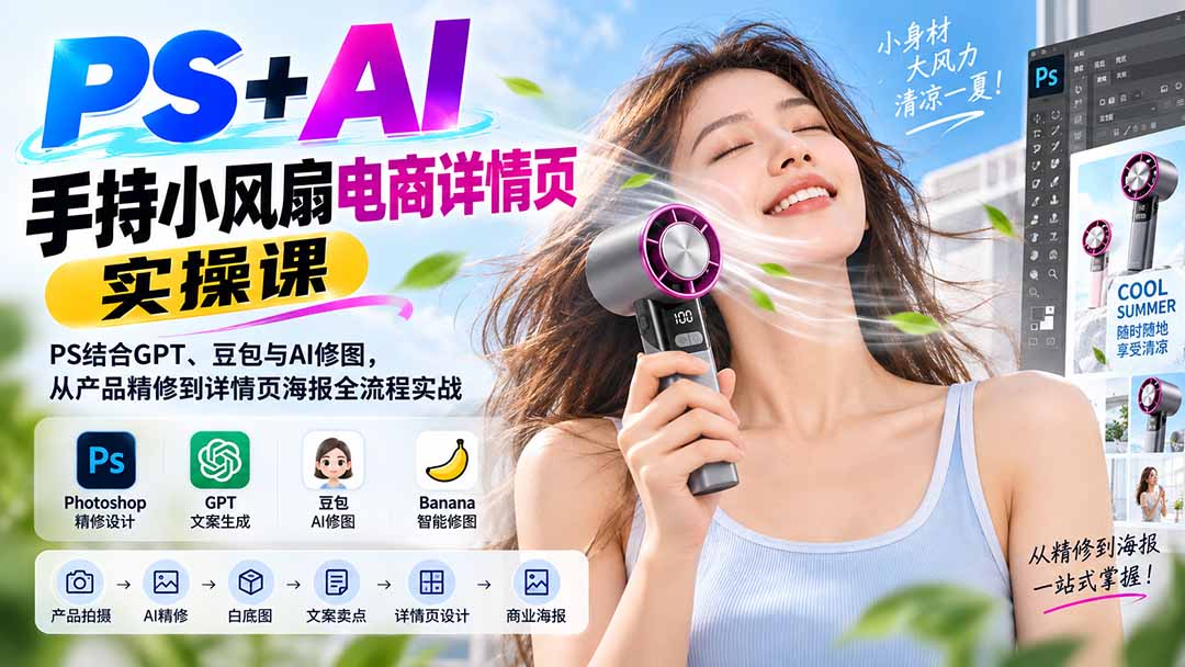 PS+AI手持小风扇电商详情页实操课:PS结合GPT、豆包与AI修图,从产品精修到详情页海报全流程实战-皮皮网创