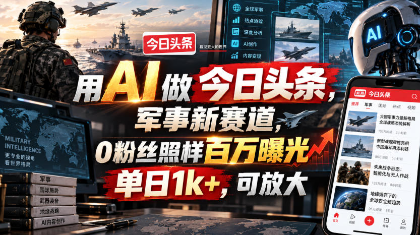 用AI做今日头条，军事新赛道，0粉丝照样百万曝光，单日1k+，可放大-皮皮网创