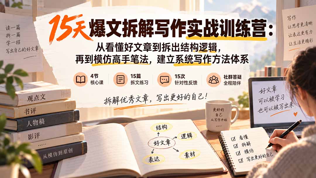 15天爆文拆解写作实战训练营:从看懂好文章到拆出结构逻辑,再到模仿高手笔法,建立系统写作方法体系-皮皮网创