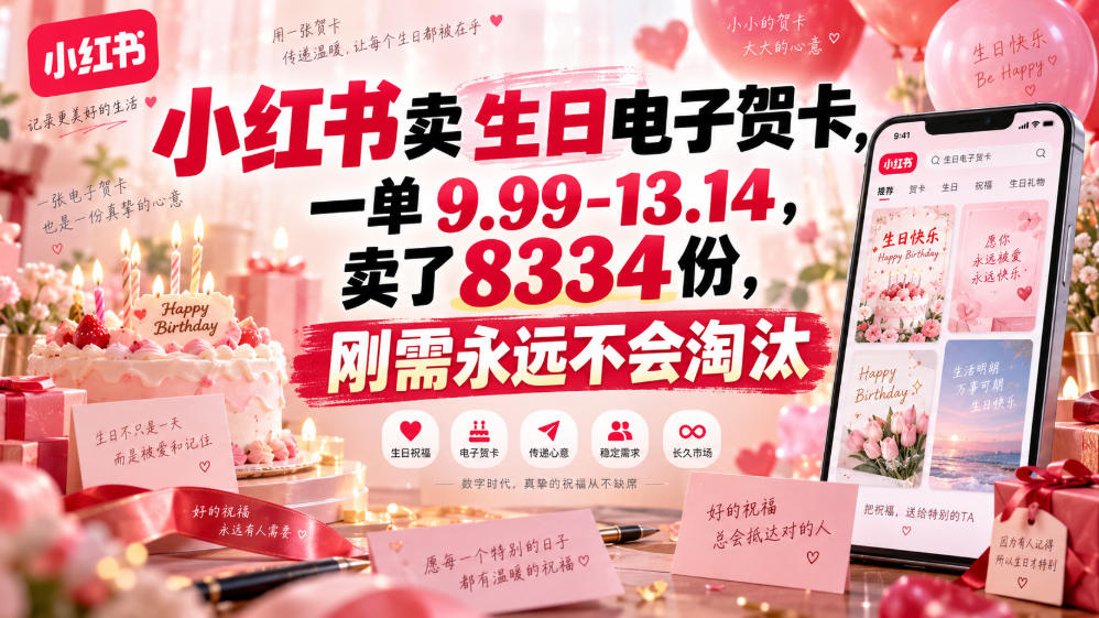 小红书卖生日电子贺卡,一单9.99-13.14,卖了8334份,刚需永远不会淘汰-皮皮网创