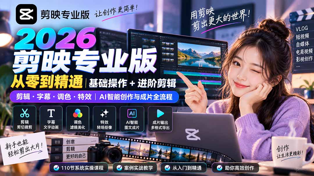 2026剪映专业版从零到精通|基础操作+进阶剪辑|剪辑·字幕·调色·特效|AI智能创作与成片全流程-皮皮网创