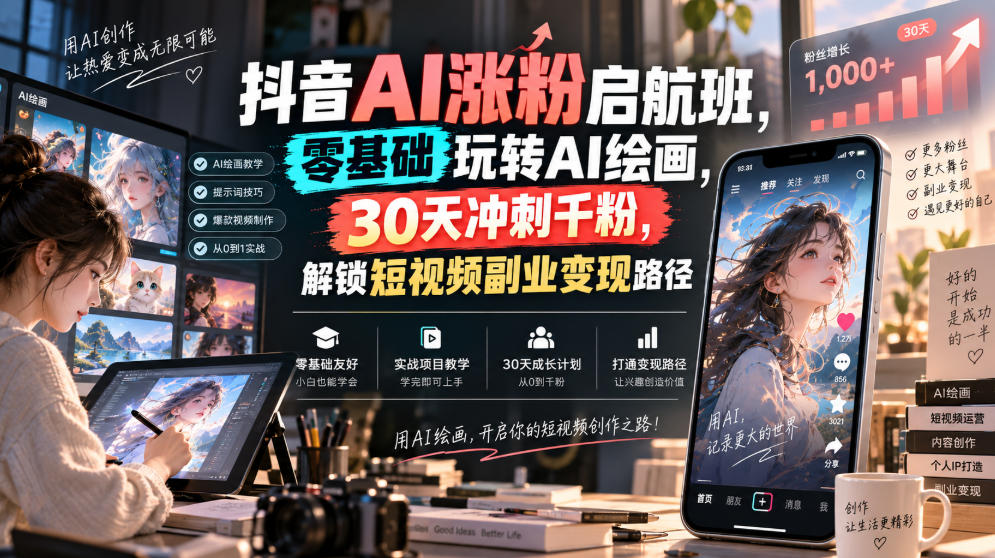 抖音AI涨粉启航班,零基础玩转AI绘画,30天冲刺千粉,解锁短视频副业变现路径-皮皮网创
