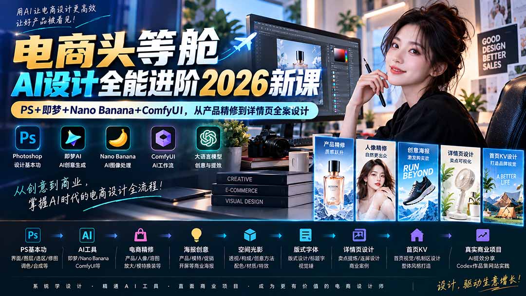 电商头等舱AI设计全能进阶2026新课:PS+即梦+Nano Banana+ComfyUI,从产品精修到详情页全案设计-皮皮网创