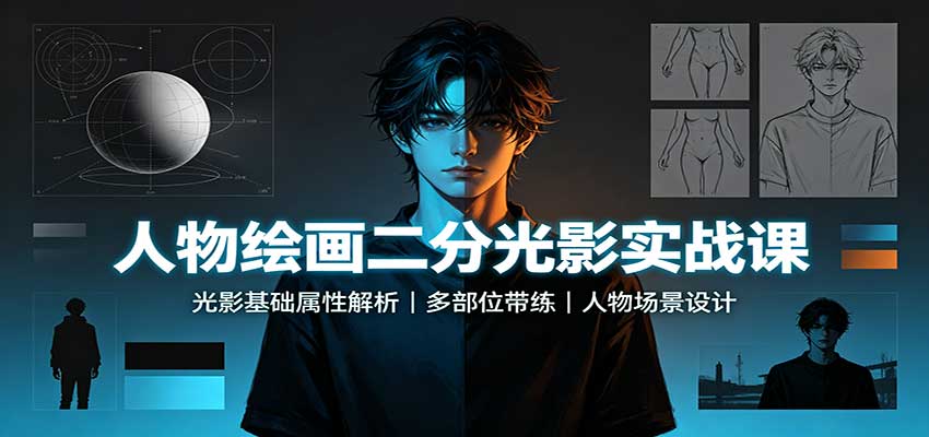 人物绘画二分光影实战课：光影基础属性解析，多部位带练，人物场景设计-皮皮网创