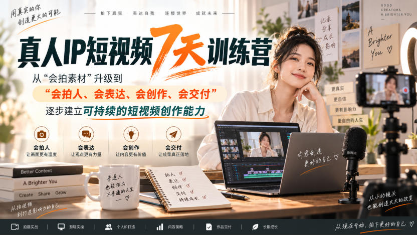 真人IP短视频7天训练营,从“会拍素材”升级到“会拍人、会表达、会创作、会交付”,逐步建立可持续的短视频创作能力-皮皮网创