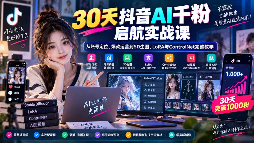 30天抖音AI千粉启航实战课：从账号定位、爆款运营到SD生图、LoRA与ControlNet完整教学-皮皮网创