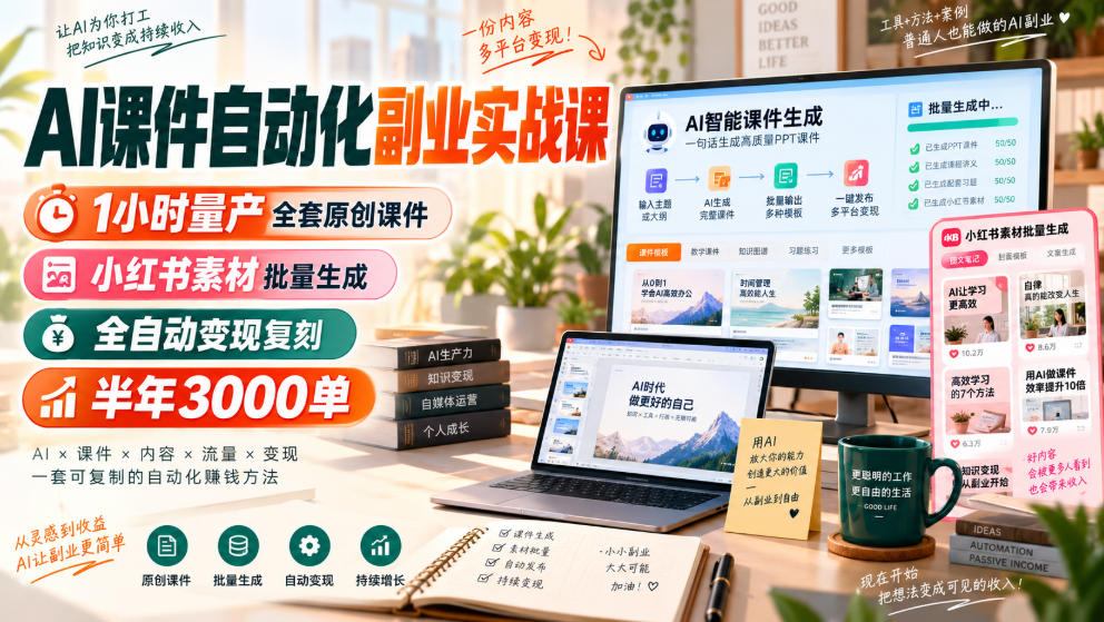 AI课件自动化副业实战课,1小时量产全套原创课件,小红书素材批量生成,全自动变现复刻,半年3000单-皮皮网创