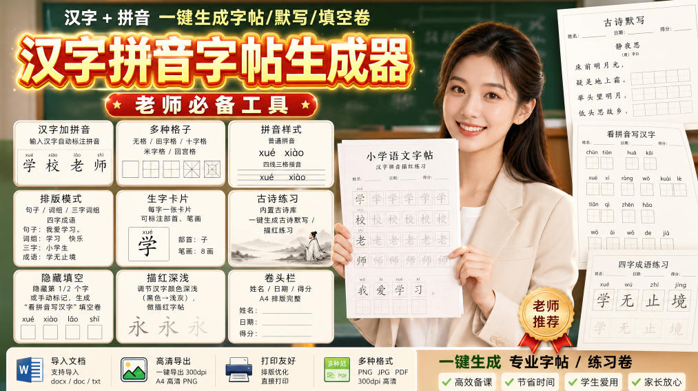 学习神器，汉字拼音字帖生成器，汉字+拼音 一键生成字帖/默写/填空卷，支持词组、成语，老师、家长必备-皮皮网创