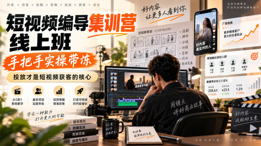 短视频编导集训营线上班,手把手实操带冻,投放才是短视频获客的核心-皮皮网创