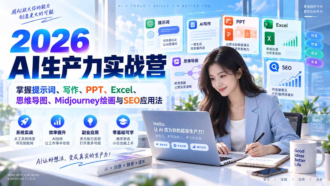 2026AI生产力实战营：掌握提示词、写作、PPT、Excel、思维导图、Midjourney绘画与SEO应用法-皮皮网创