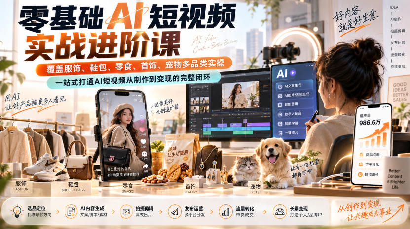 零基础AI短视频实战进阶课，覆盖服饰、鞋包、零食、首饰、宠物多品类实操，一站式打通AI短视频从制作到变现的完整闭环-皮皮网创