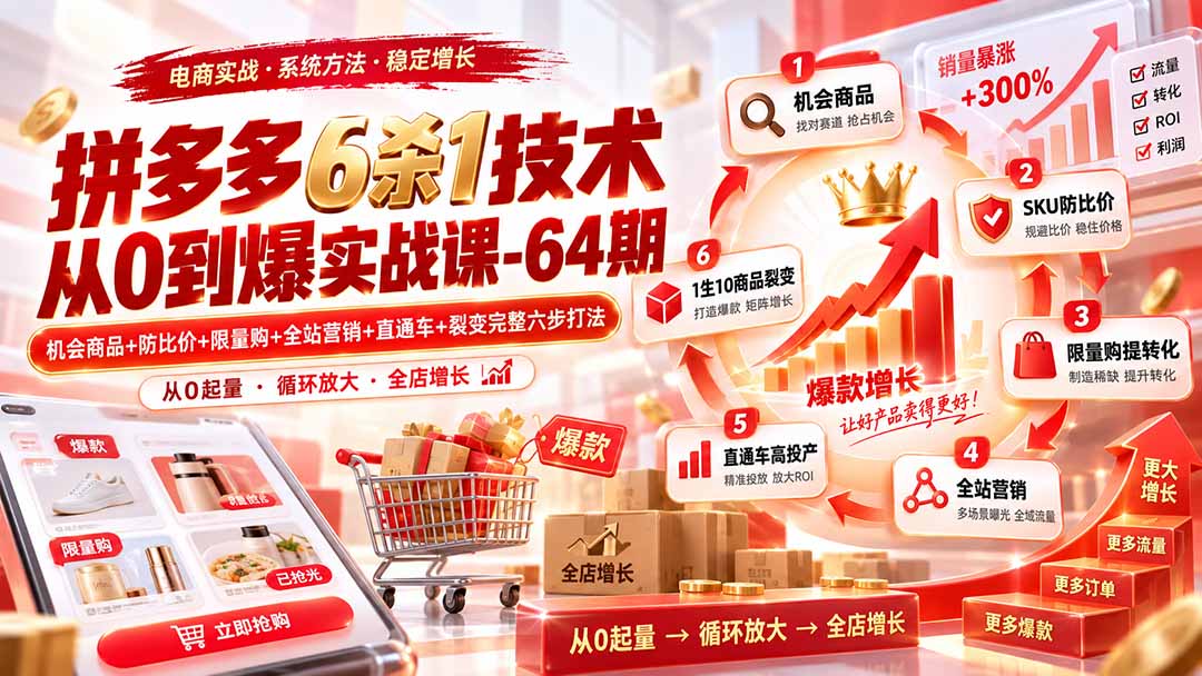 拼多多6杀1技术从0到爆实战课-64期：机会商品+防比价+限量购+全站营销+直通车+裂变完整六步打法-皮皮网创