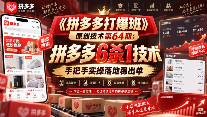 《拼多多打爆班》原创技术第64期:拼多多6杀1技术,手把手实操落地稳出单-皮皮网创