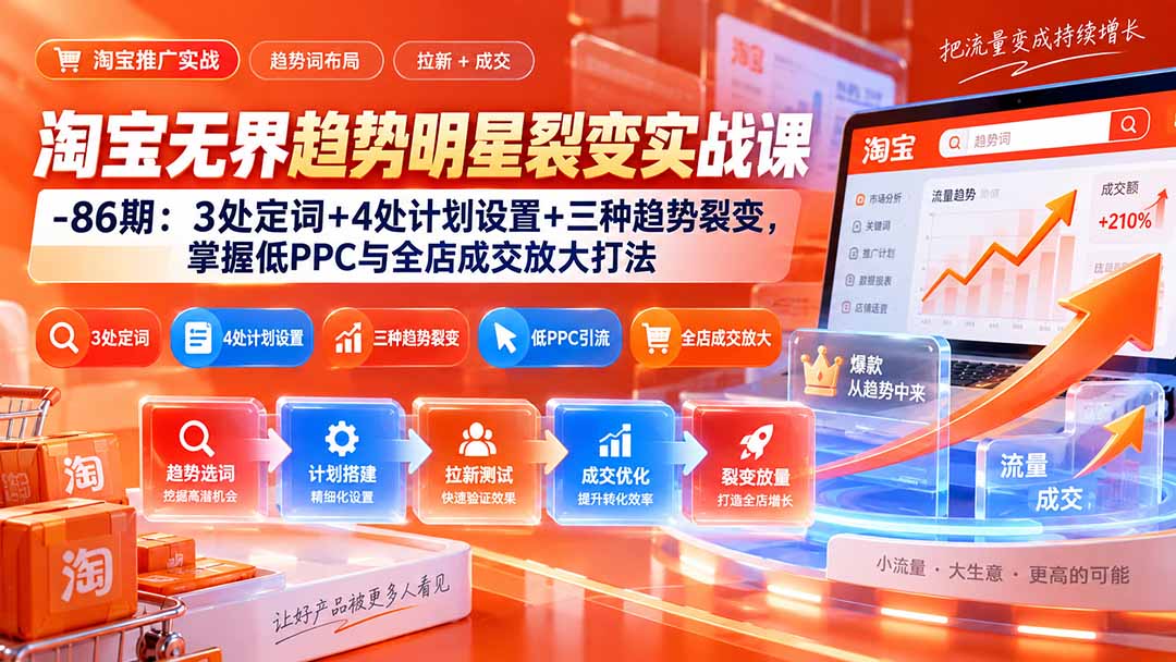 淘宝无界趋势明星裂变实战课-86期：3处定词+4处计划设置+三种趋势裂变，掌握低PPC与全店成交放大打法-皮皮网创