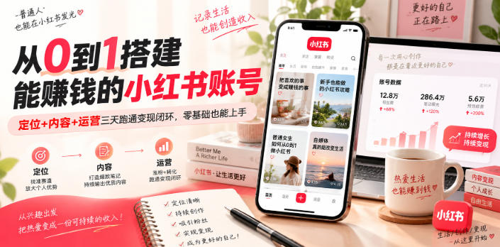 从0到1搭建能賺钱的小红书账号，定位+内容+运营三天跑通变现闭环-皮皮网创