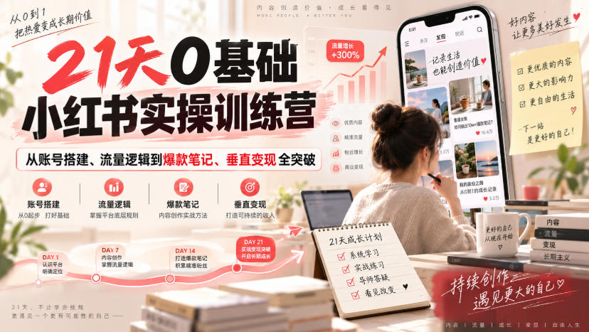 21天0基础小红书实操训练营|从账号搭建、流量逻辑到爆款笔记、垂直变现全突破