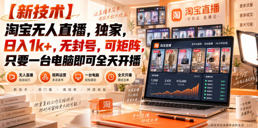 【独家新技术】淘宝无人直播,日入1k+,无封号,可矩阵,只要一台电脑即可全天开播【揭秘】-皮皮网创