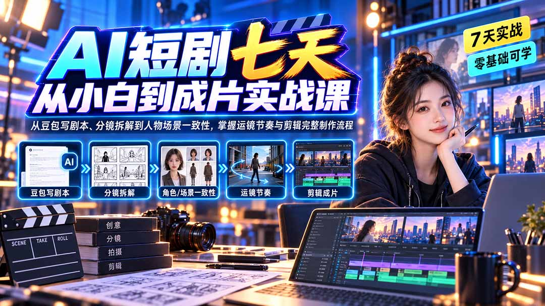 AI短剧七天从小白到成片实战课：从豆包写剧本、分镜拆解到人物场景一致性，掌握运镜节奏与剪辑完整制作流程-皮皮网创