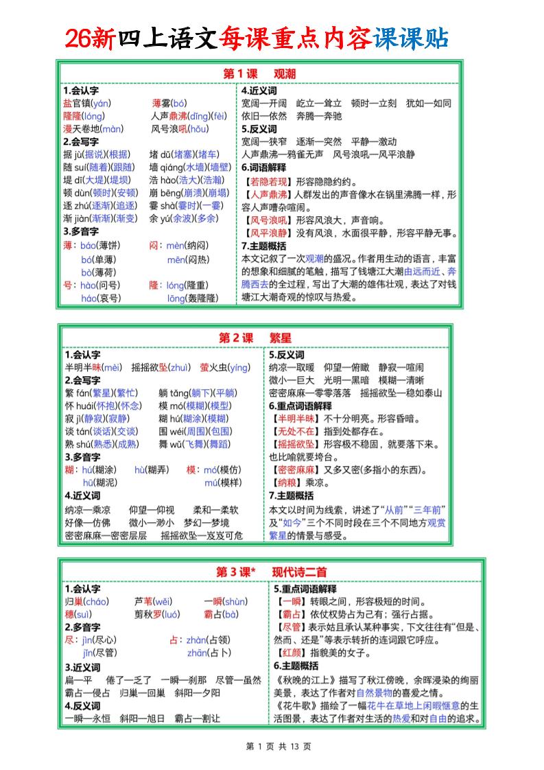 26新四上语文每课重点内容课课贴13页-皮皮网创