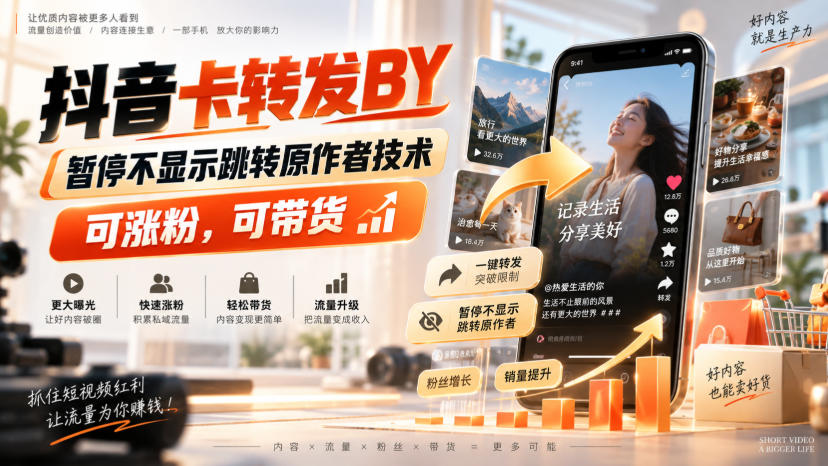 抖音卡转发搬运，暂停不显示跳转原作者技术，可涨粉，可带货-皮皮网创