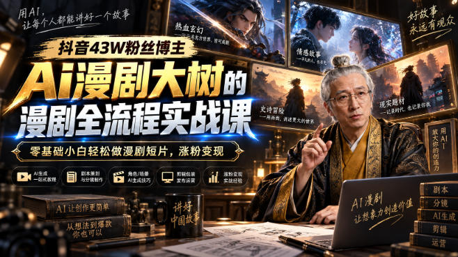 抖音43W粉丝博主Ai漫剧大树的漫剧制作全流程实战课,零基础小白轻松做漫剧短片,涨粉变现-皮皮网创