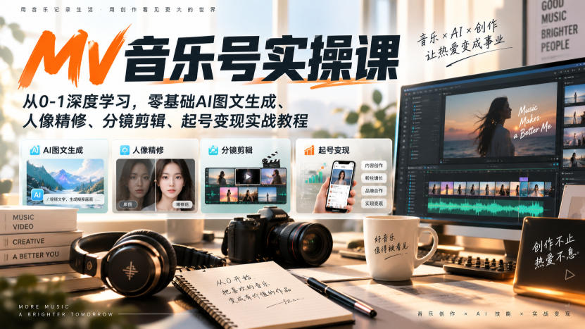 AI MV音乐号实操课,从0-1深度学习,零基础AI图文生成、人像精修、分镜剪辑、起号变现实战教程