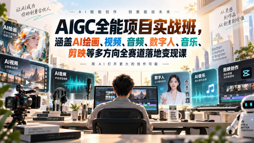 AIGC全能项目实战班,涵盖AI绘画、视频、音频、数字人、音乐、剪映等多方向全赛道落地变现课
