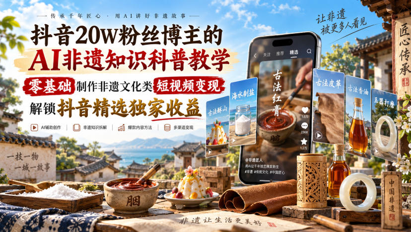 抖音20W粉丝博主的AI非遗知识科普教学，零基础制作非遗文化类短视频变现，解锁抖音精选独家收益-皮皮网创
