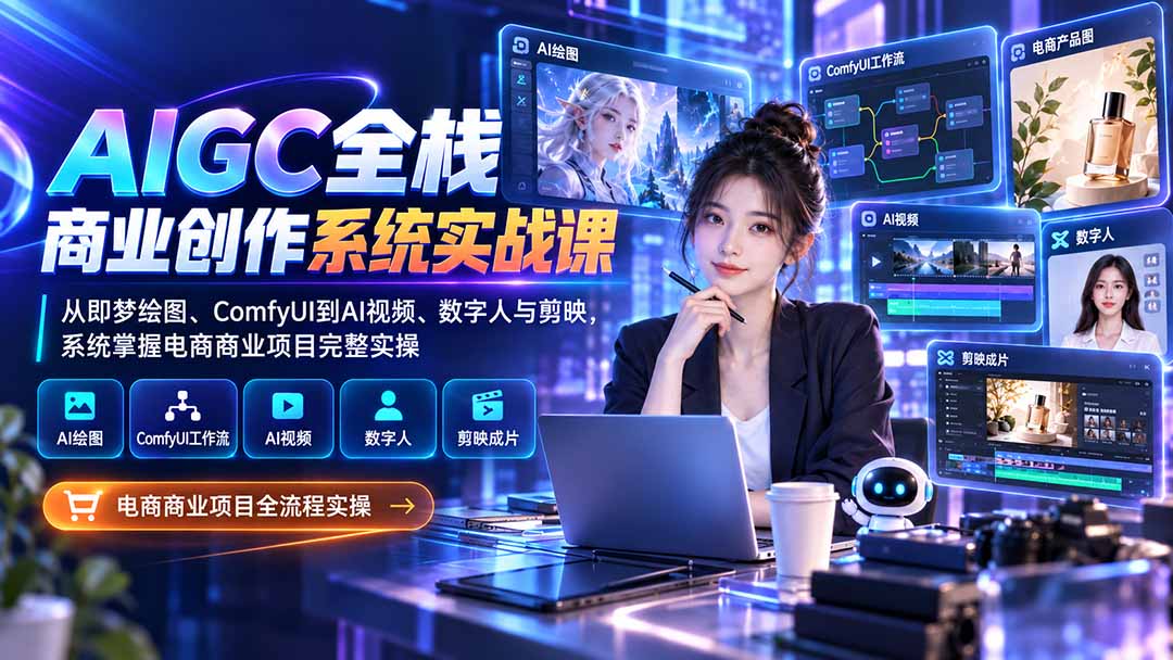 AIGC全栈商业创作系统实战课：从即梦绘图、ComfyUI到AI视频、数字人与剪映，系统掌握电商商业项目完整实操-皮皮网创