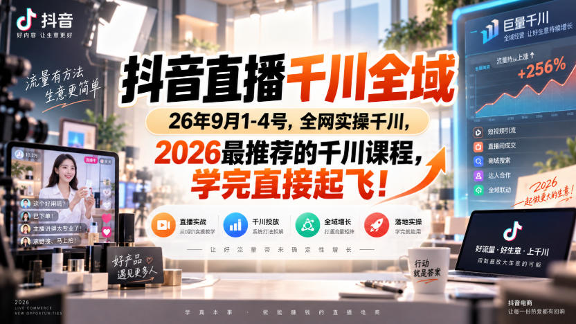 抖音直播千川全域26年9月1-4号,全网实操千川,2026最推荐的千川课程,学完直接起飞!-皮皮网创