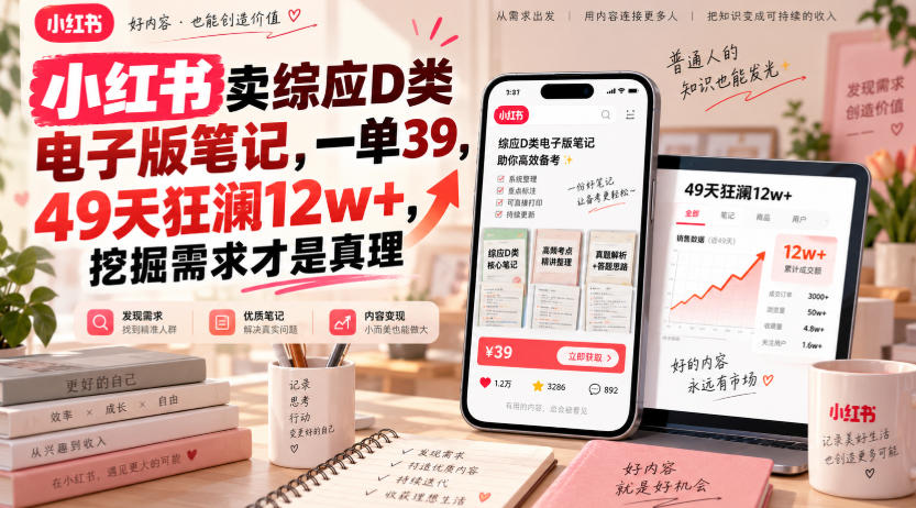 小红书卖综应D类电子版笔记，一单39，49天狂澜12w+，挖掘需求才是真理-皮皮网创