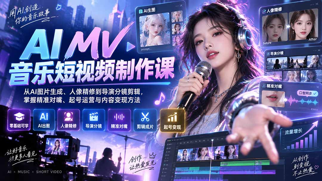 AI MV音乐短视频制作课：从AI图片生成、人像精修到导演分镜剪辑，掌握精准对嘴、起号运营与内容变现方法-皮皮网创