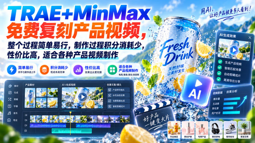 TRAE+MinMax免费复刻产品视频,整个过程简单易行,制作过程积分消耗少,性价比高,适合各种产品视频制作-皮皮网创
