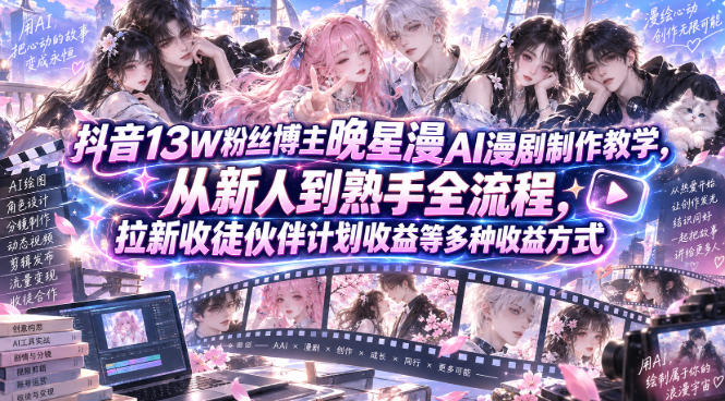 抖音13W粉丝博主晚星漫AI漫剧制作教学,从新人到熟手全流程,拉新收徒伙伴计划收益等多种收益方式,单日1K+-皮皮网创
