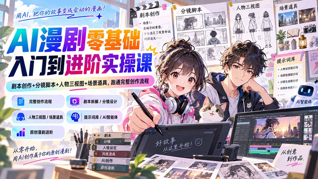 AI漫剧零基础入门到进阶实操课:剧本创作+分镜脚本+人物三视图+场景道具,跑通完整创作流程-皮皮网创