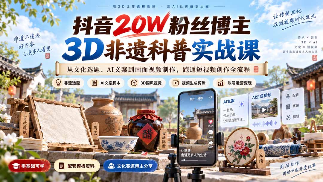抖音20W粉丝博主3D非遗科普实战课:从文化选题、AI文案到画面视频制作,跑通短视频创作全流程-皮皮网创