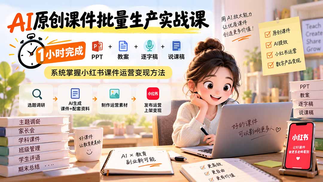 AI原创课件批量生产实战课:1小时完成PPT+教案+逐字稿+说课稿,系统掌握小红书课件运营变现方法-皮皮网创