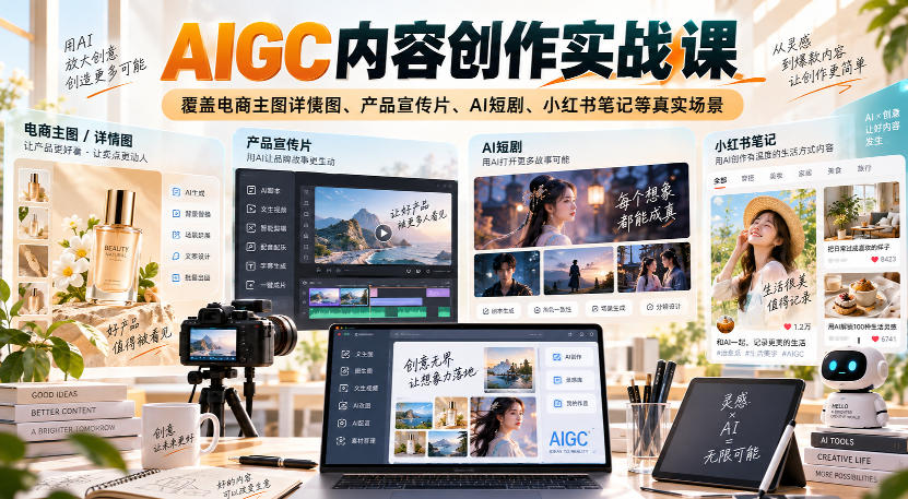 AIGC内容创作实战课，覆盖电商主图详情图、产品宣传片、AI短剧、小红书笔记等真实场景-皮皮网创