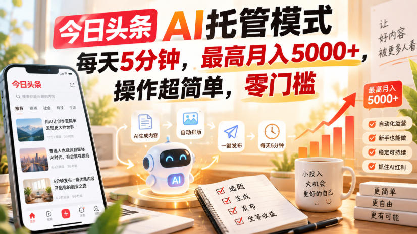今日头条AI托管模式,每天5分钟,最高月入5000+,操作超简单,零门槛【揭秘】-皮皮网创