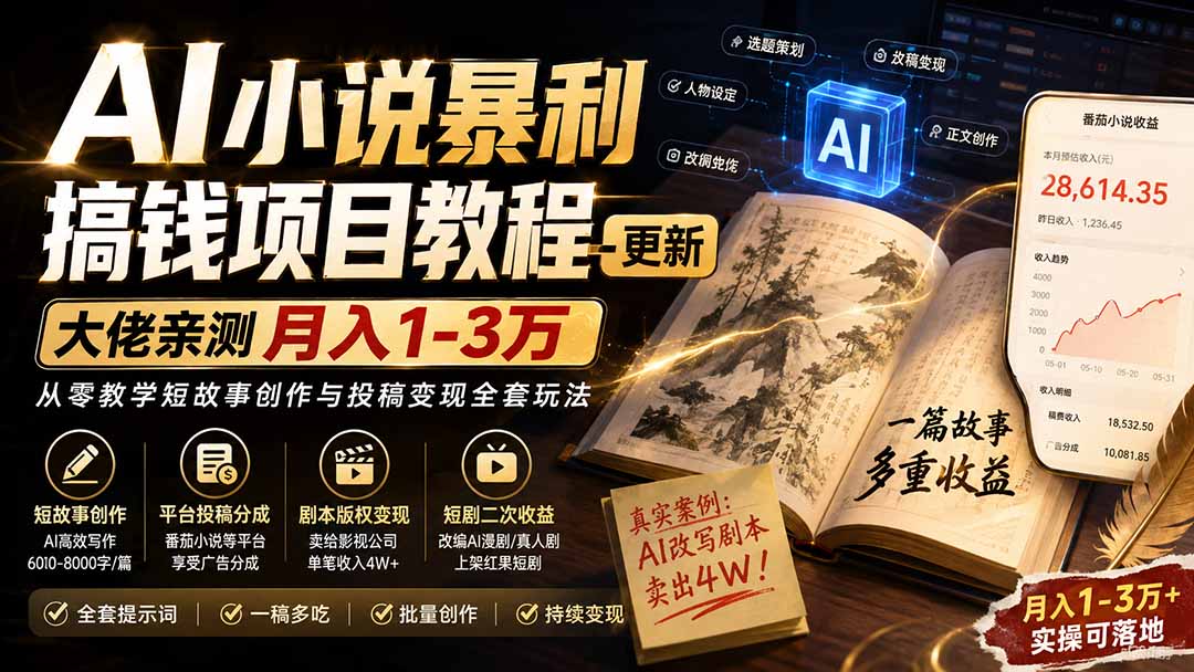 AI小说短故事暴利搞钱项目教程-更新，大佬亲测月入1-3万，从零教学短故事创作与投稿变现全套玩法-皮皮网创