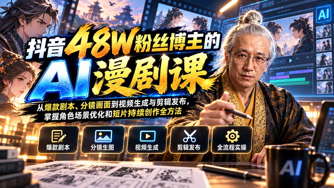 抖音48W粉丝博主的AI漫剧课:从爆款剧本、分镜画面到视频生成与剪辑发布,掌握角色场景优化和短片持续创作全方法-皮皮网创