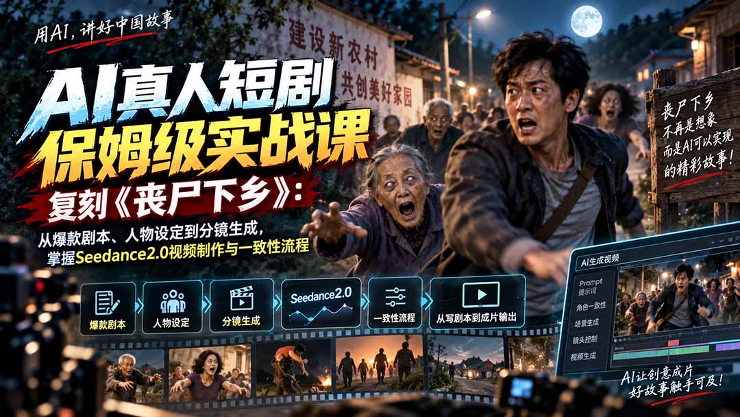 AI真人短剧保姆级实战课，复刻《丧尸下乡》：从爆款剧本、人物设定到分镜生成，掌握Seedance2.0视频制作与一致性流程-皮皮网创