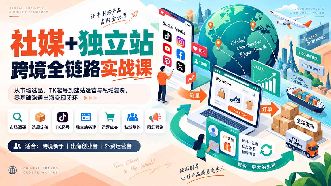 社媒+独立站跨境全链路实战课：从市场选品、TK起号到建站运营与私域复购，零基础跑通出海变现闭环-皮皮网创