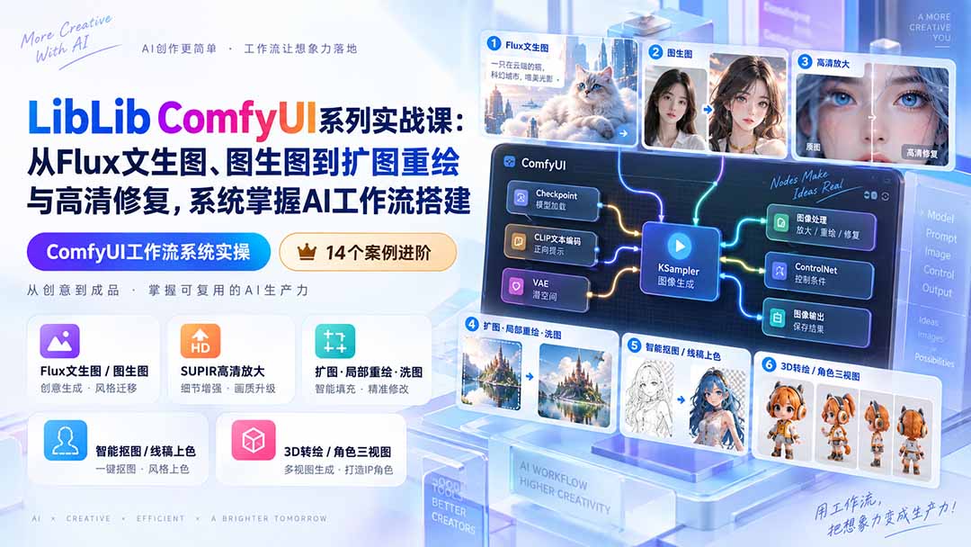 LibLib ComfyUI系列实战课:从Flux文生图、图生图到扩图重绘与高清修复,系统掌握AI工作流搭建-皮皮网创