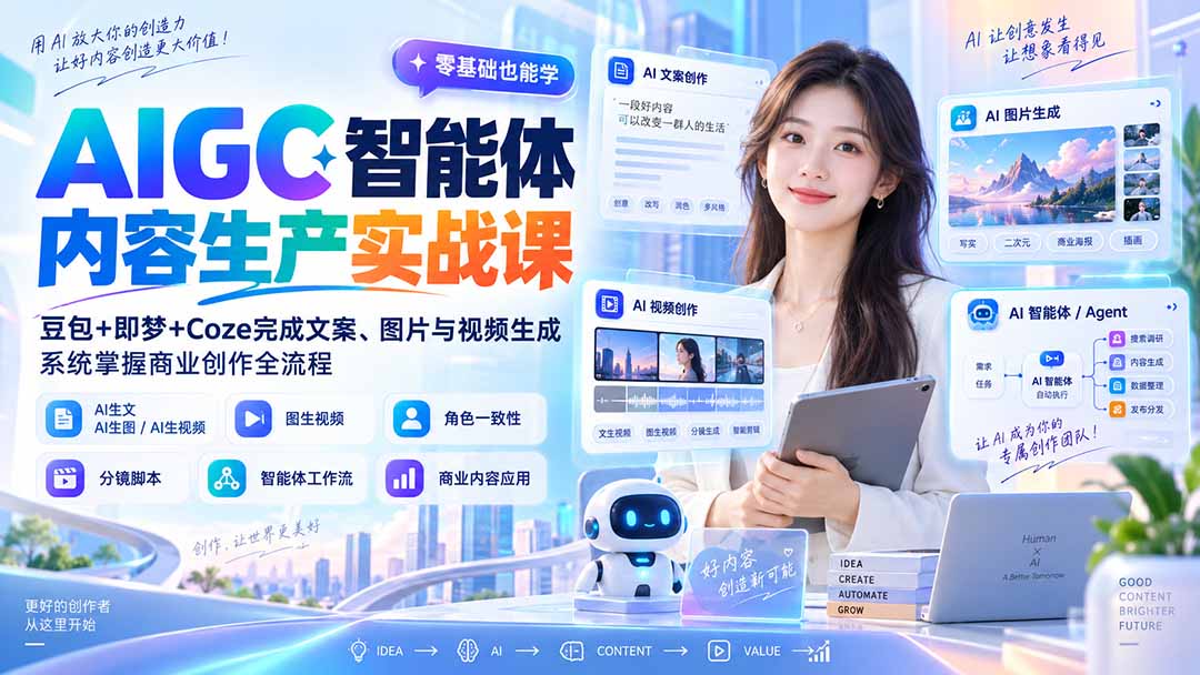AIGC智能体内容生产实战课:豆包+即梦+Coze完成文案、图片与视频生成,系统掌握商业创作全流程-皮皮网创