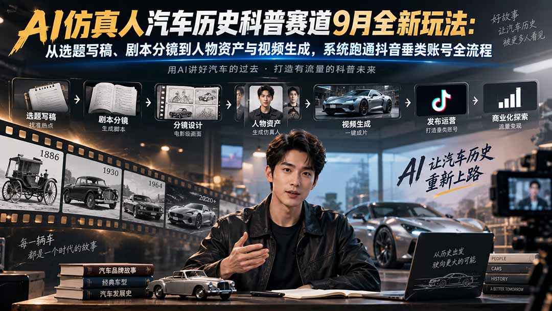 AI仿真人汽车历史科普赛道9月全新玩法:从选题写稿、剧本分镜到人物资产与视频生成,系统跑通抖音垂类账号全流程-皮皮网创