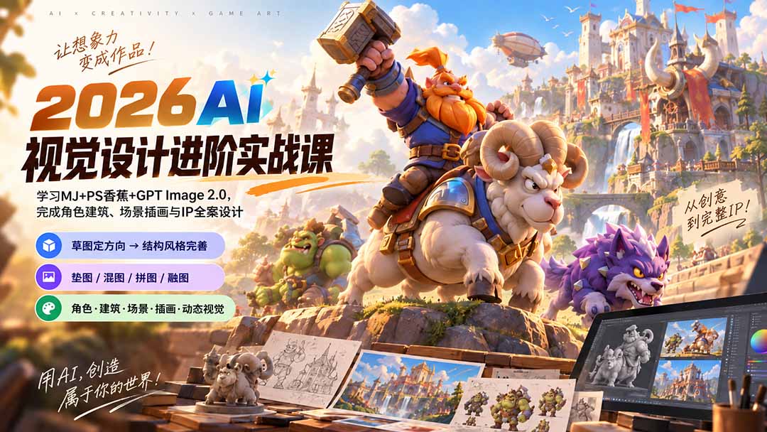 2026AI视觉设计进阶实战课-更新：学习MJ+PS香蕉+GPT Image 2.0，完成角色建筑、场景插画与IP全案设计-皮皮网创