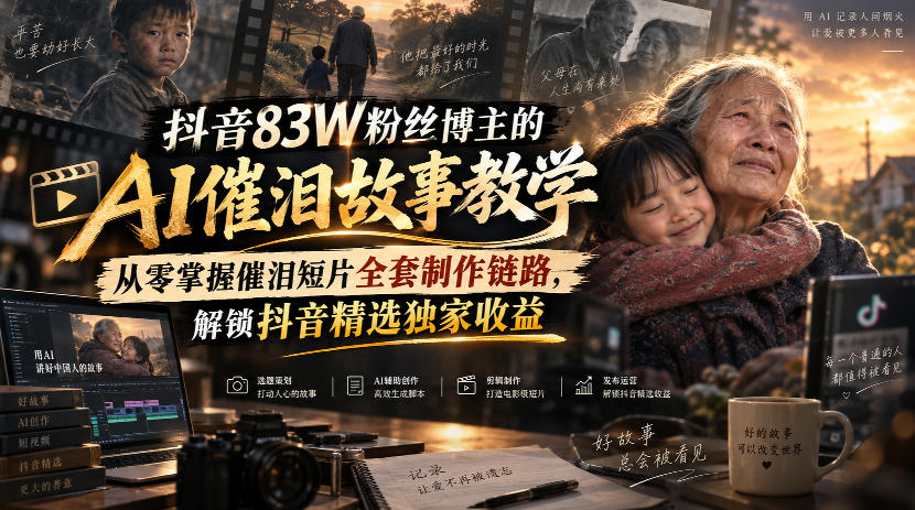 抖音83W粉丝博主的AI催泪故事教学，从零掌握催泪短片全套制作链路，解锁抖音精选独家收益-皮皮网创