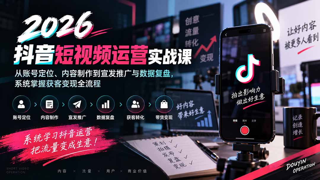 2026抖音短视频运营实战课：从账号定位、内容制作到宣发推广与数据复盘，系统掌握获客变现全流程-皮皮网创