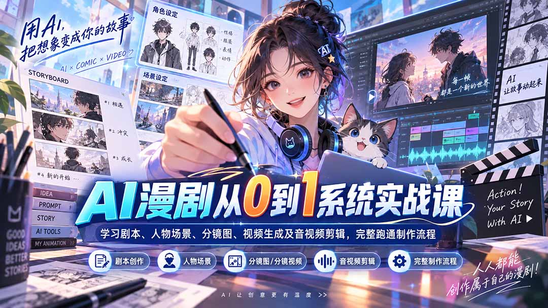 AI漫剧从0到1系统实战课：学习剧本、人物场景、分镜图、视频生成及音视频剪辑，完整跑通制作流程-皮皮网创